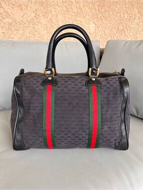 AUTH Gucci Sherry Line Black Monogram Boston Bag